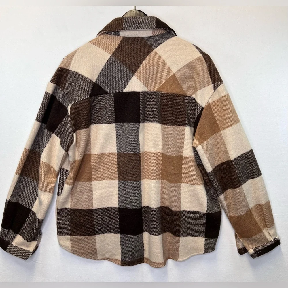 SHEIN flannel shirt jacket women’s size Large shacket neutral brown plaid casual
